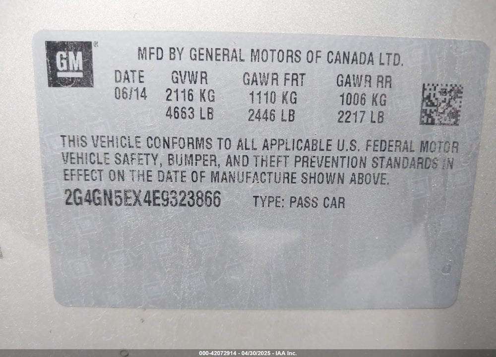 2014 BUICK REGAL VIN: 2G4GN5EX4E9323866