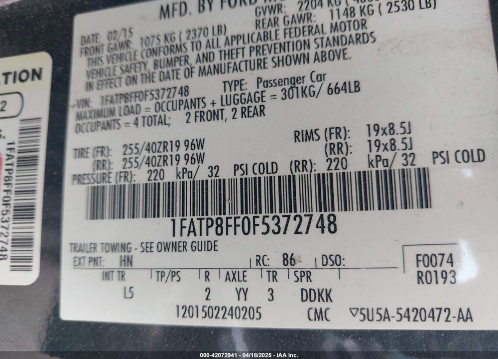 2015 FORD MUSTANG GT PREMIUM VIN: 1FATP8FF0F5372748