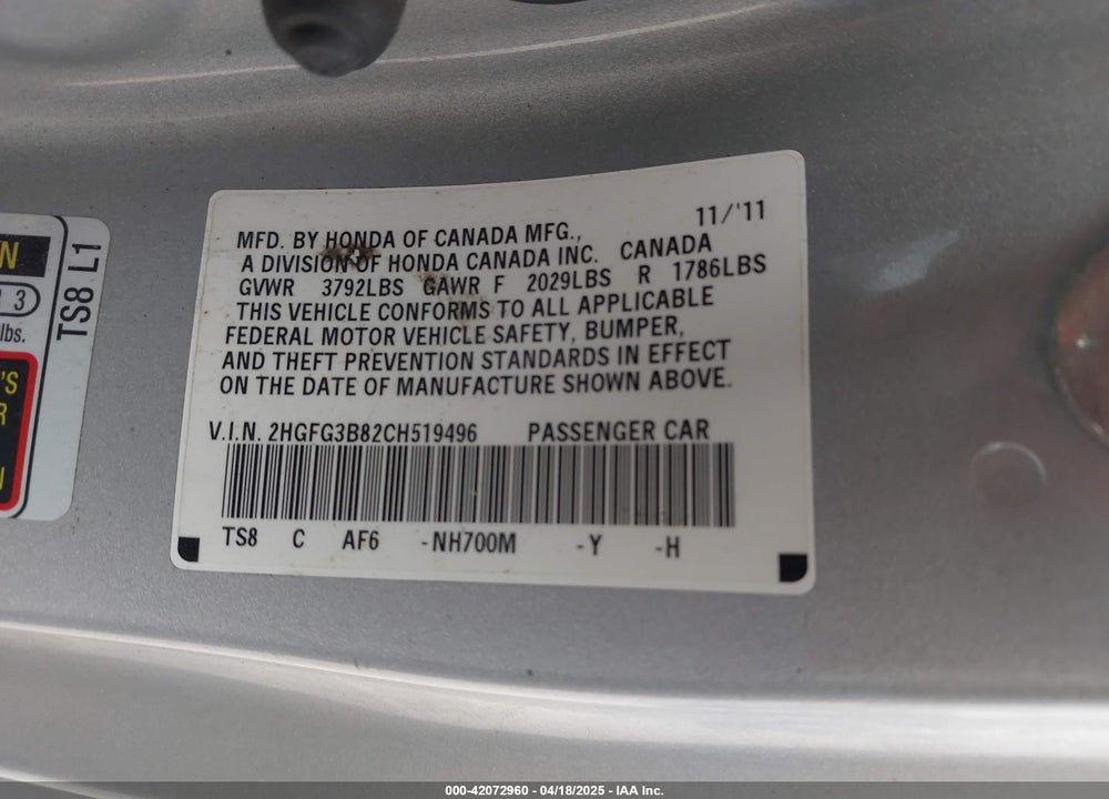 2012 HONDA CIVIC VIN: 2HGFG3B82CH519496