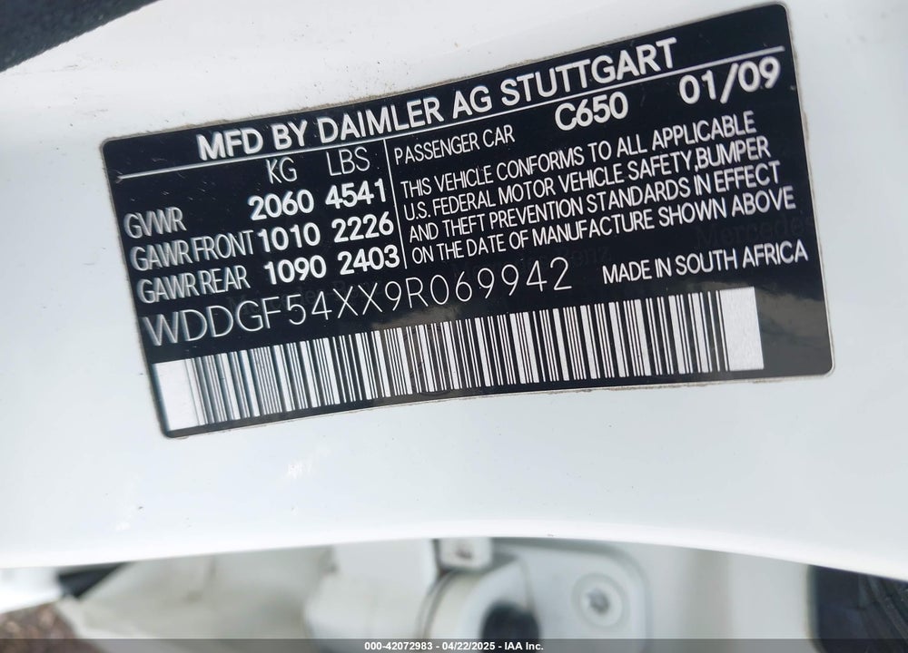 2009 MERCEDES-BENZ C CLASS VIN: WDDGF54XX9R069942