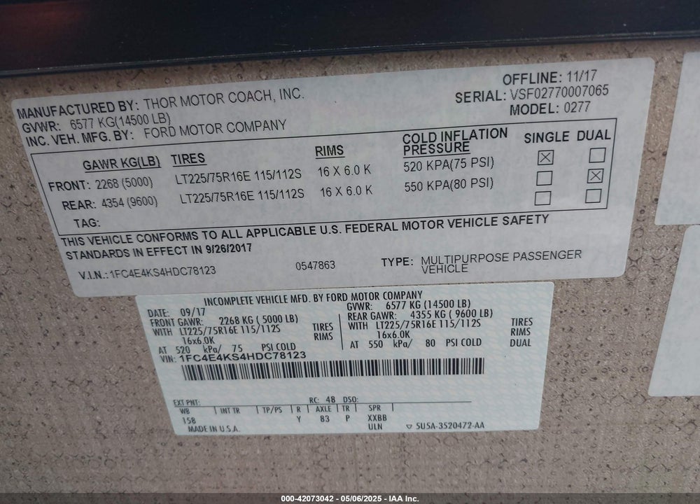 2017 FORD E-450 STRIPPED VIN: 1FC4E4KS4HDC78123