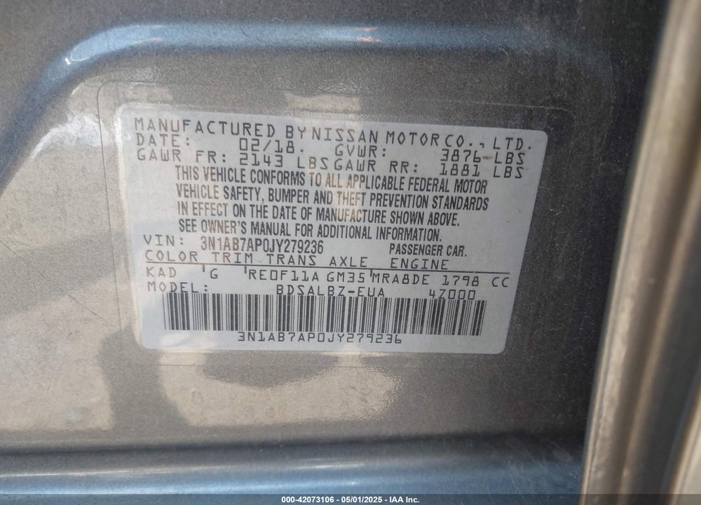 2018 NISSAN SENTRA VIN: 3N1AB7AP0JY279236