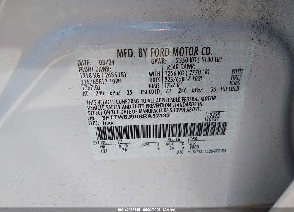 2024 FORD MAVERICK XLT VIN: 3FTTW8J99RRA82332