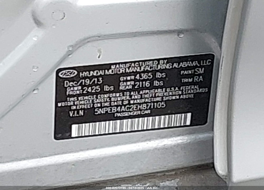 2014 HYUNDAI SONATA GLS VIN: 5NPEB4AC2EH871105