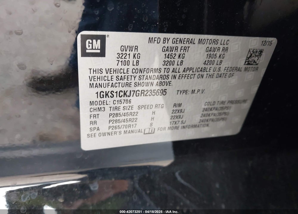 2016 GMC YUKON DENALI VIN: 1GKS1CKJ7GR235695