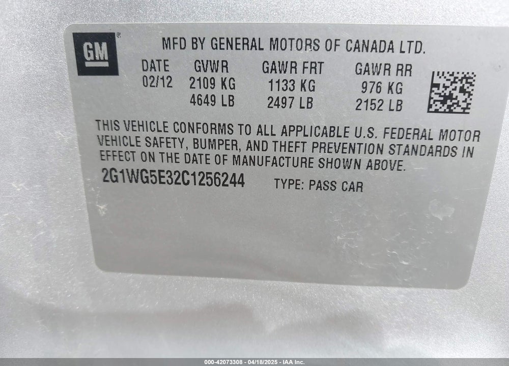2012 CHEVROLET IMPALA LT VIN: 2G1WG5E32C1256244