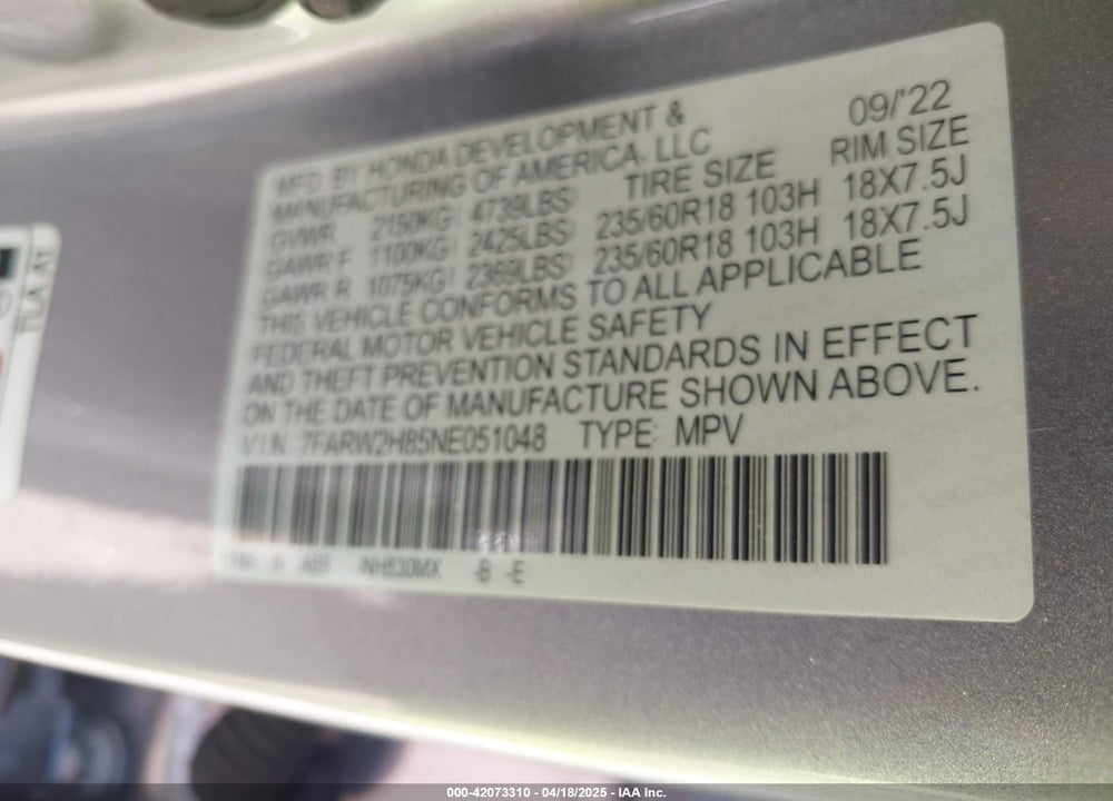 2022 HONDA CR-V VIN: 7FARW2H85NE051048