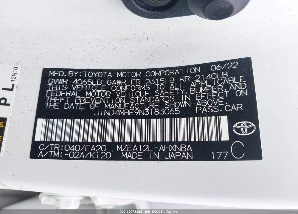 2022 TOYOTA COROLLA SE VIN: JTND4MBE9N3183065