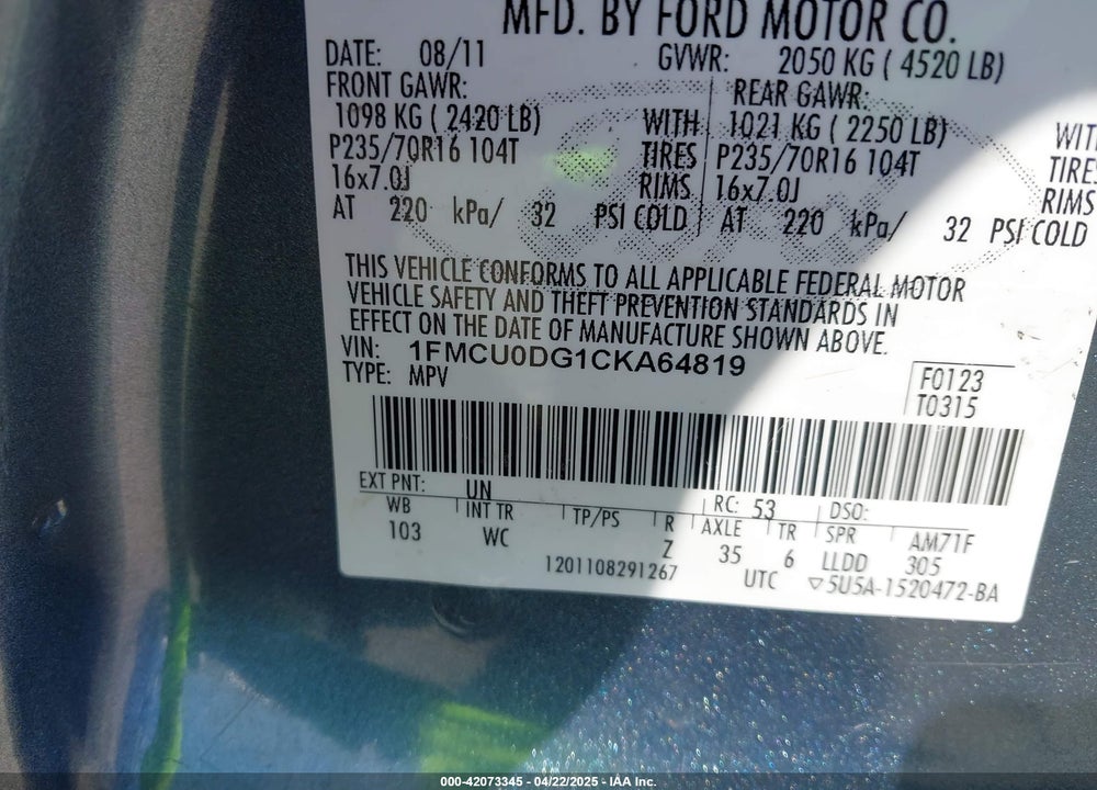2012 FORD ESCAPE XLT VIN: 1FMCU0DG1CKA64819