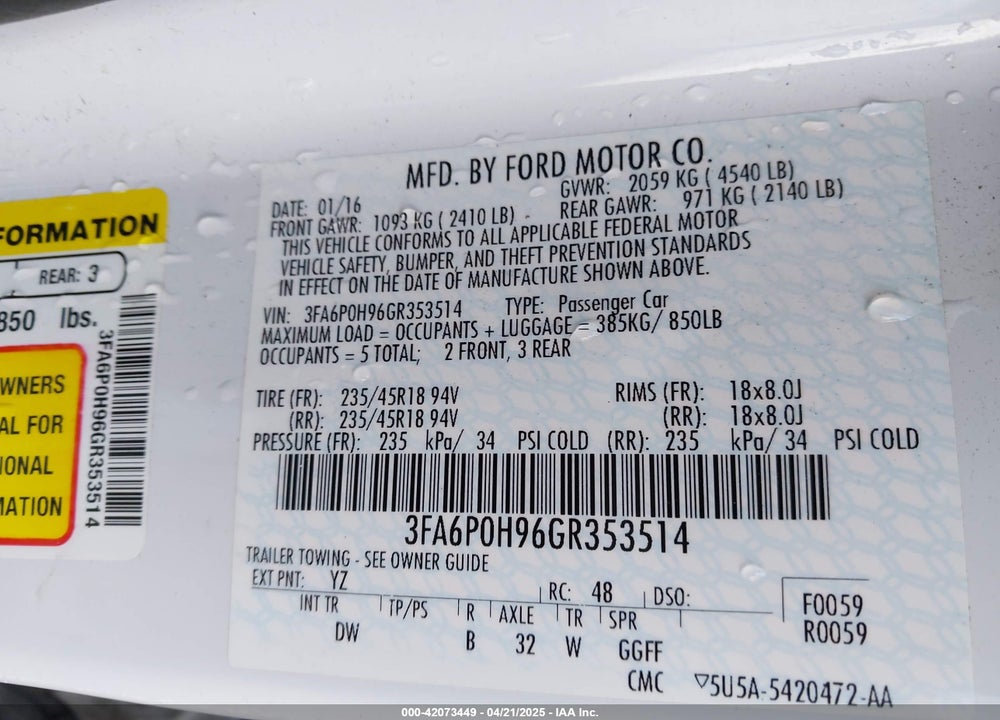 2016 FORD FUSION VIN: 3FA6P0H96GR353514