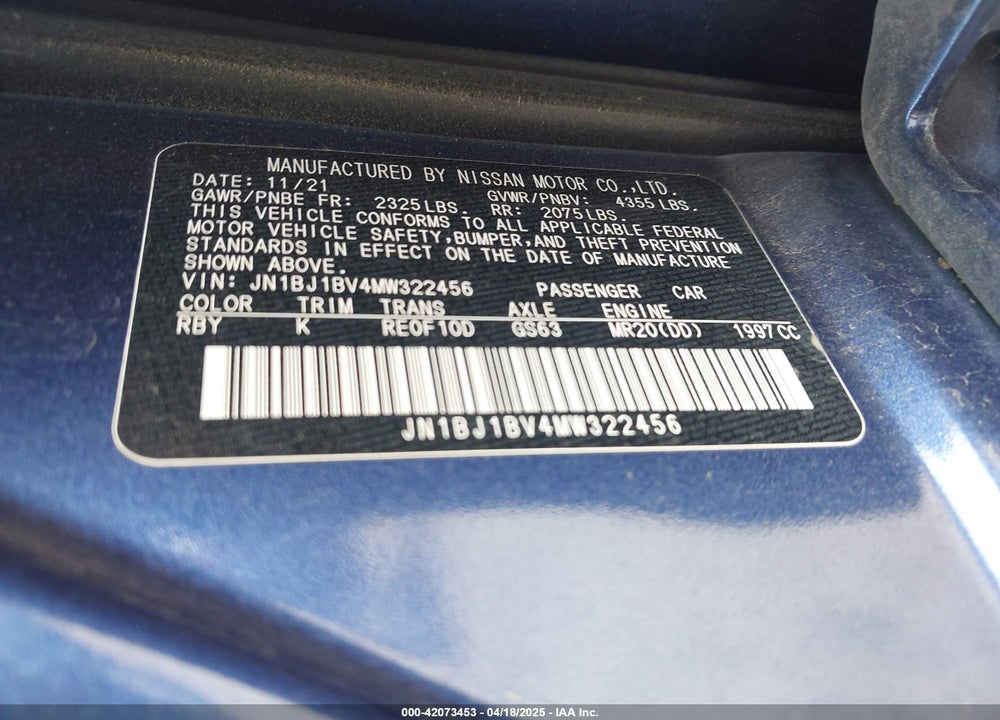 2021 NISSAN ROGUE SPORT SV FWD XTRONIC CVT VIN: JN1BJ1BV4MW322456