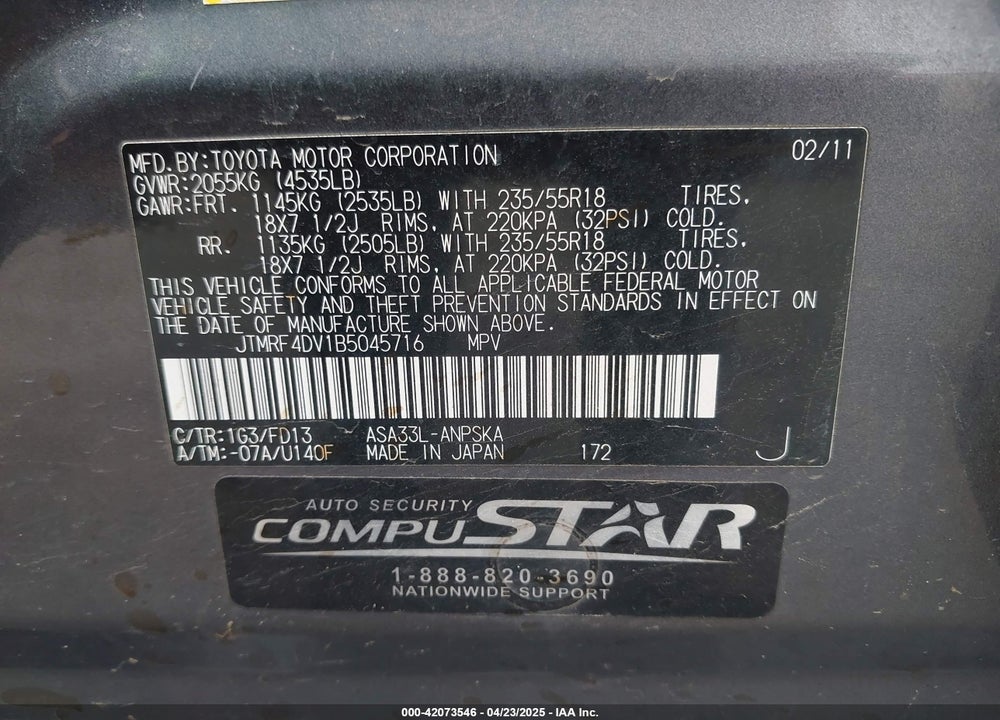 2011 TOYOTA RAV4 VIN: JTMRF4DV1B5045716