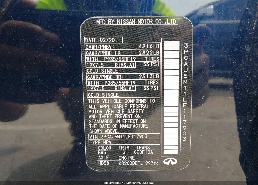 2020 INFINITI QX50 VIN: 3PCAJ5M11LF117903