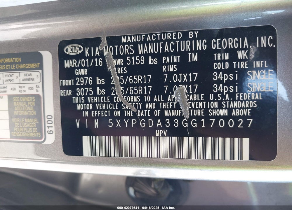 2016 KIA SORENTO 2.4L LX VIN: 5XYPGDA33GG170027