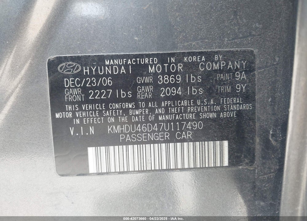 2007 HYUNDAI ELANTRA VIN: KMHDU46D47U117490
