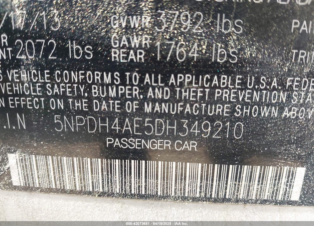 2013 HYUNDAI ELANTRA VIN: 5NPDH4AE5DH349210