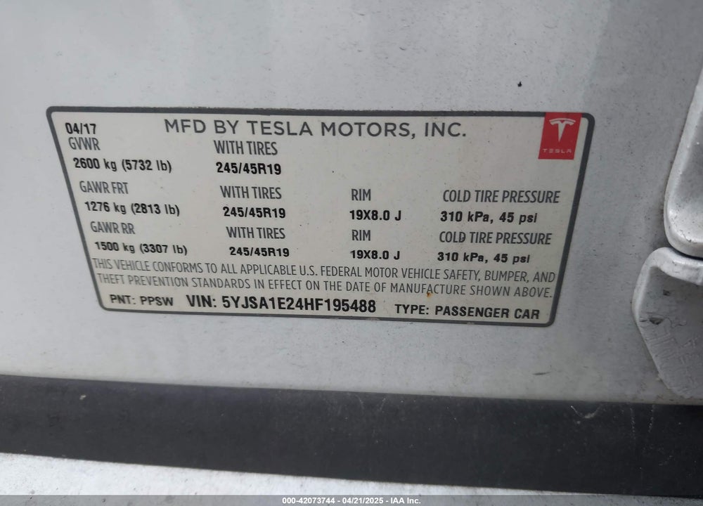 2017 TESLA MODEL S VIN: 5YJSA1E24HF195488