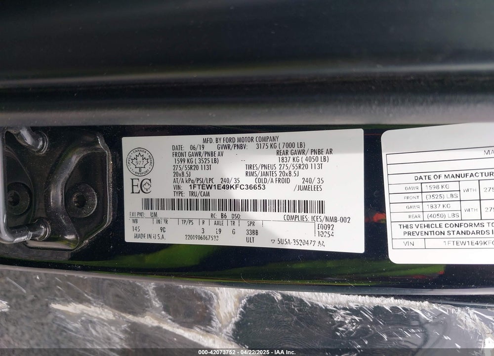 2019 FORD F-150 VIN: 1FTEW1E49KFC36653