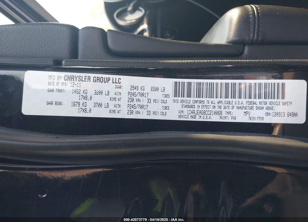2012 JEEP GRAND CHEROKEE VIN: 1C4RJEAG8CC210068
