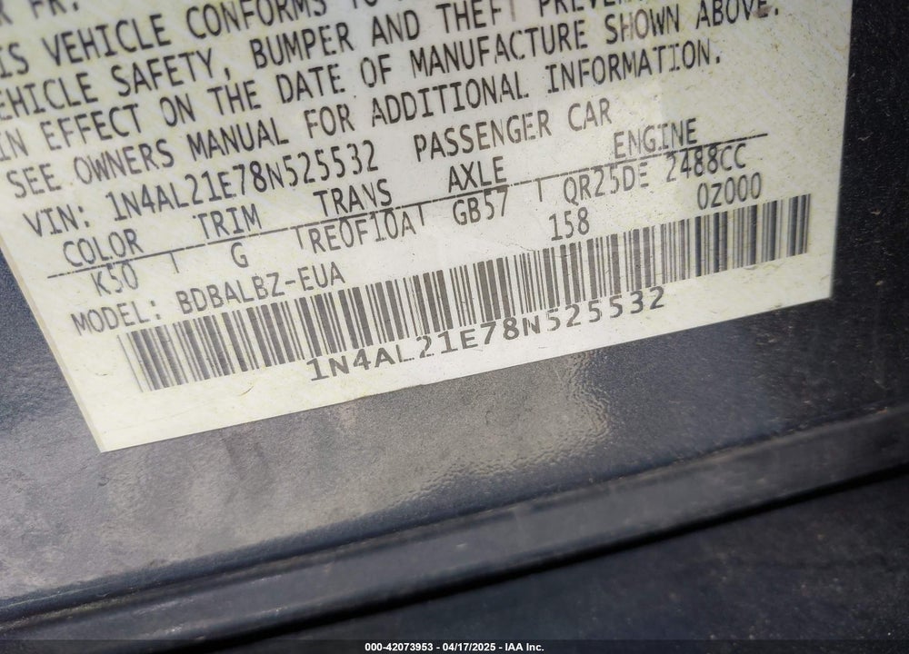 2008 NISSAN ALTIMA VIN: 1N4AL21E78N525532