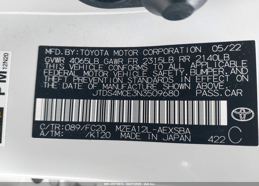 2022 TOYOTA COROLLA VIN: JTDS4MCE3N3509680