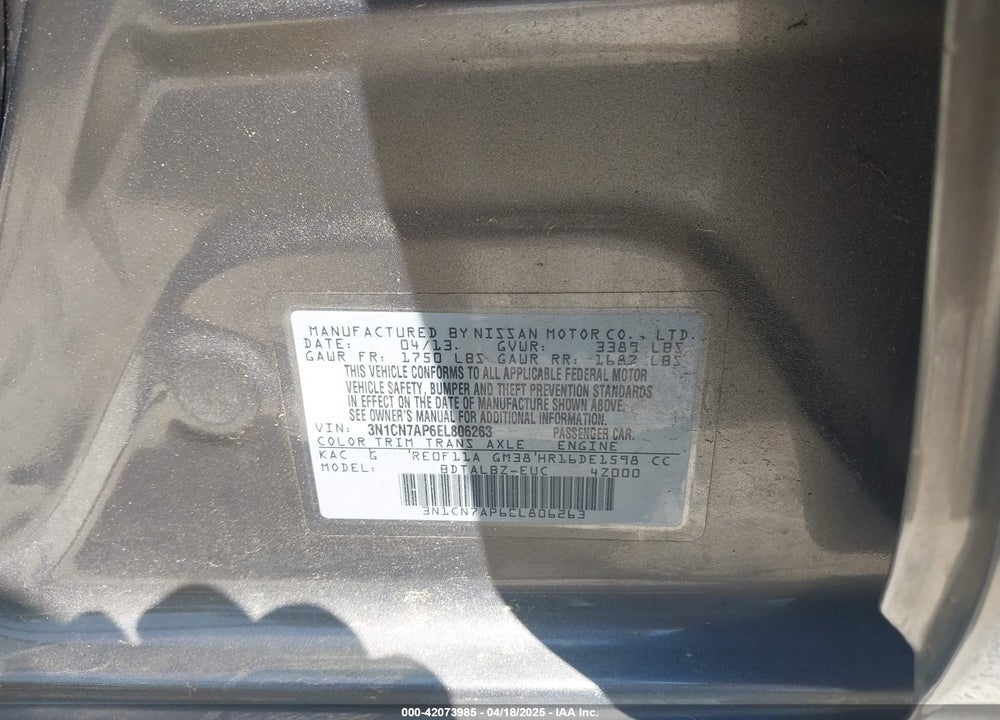 2014 NISSAN VERSA VIN: 3N1CN7AP6EL806263
