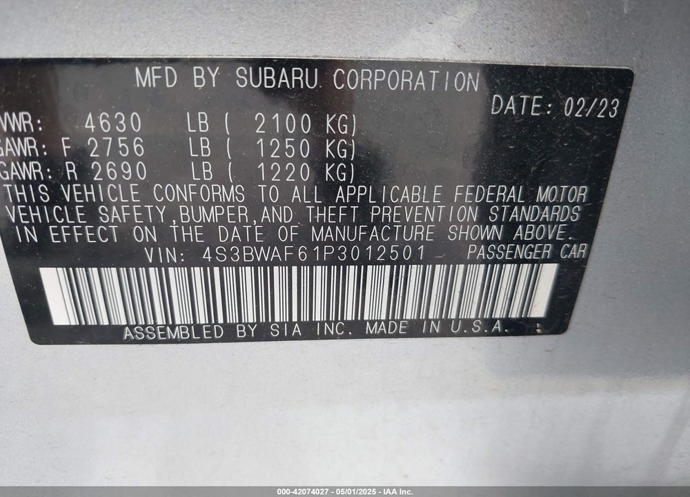 2023 SUBARU LEGACY VIN: 4S3BWAF61P3012501