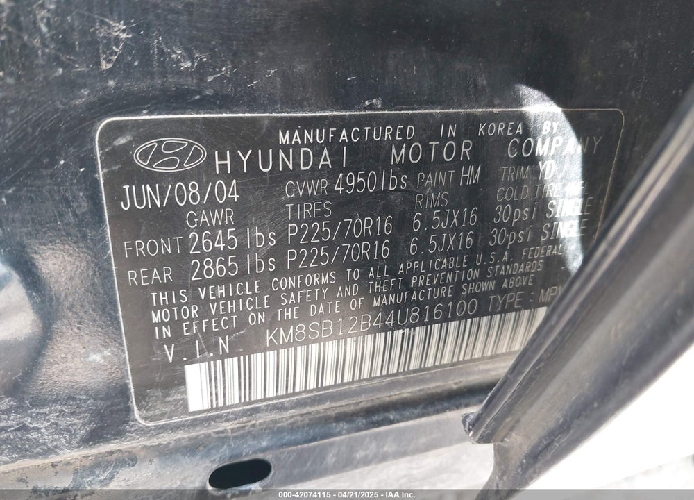 2004 HYUNDAI SANTA FE VIN: KM8SB12B44U816100