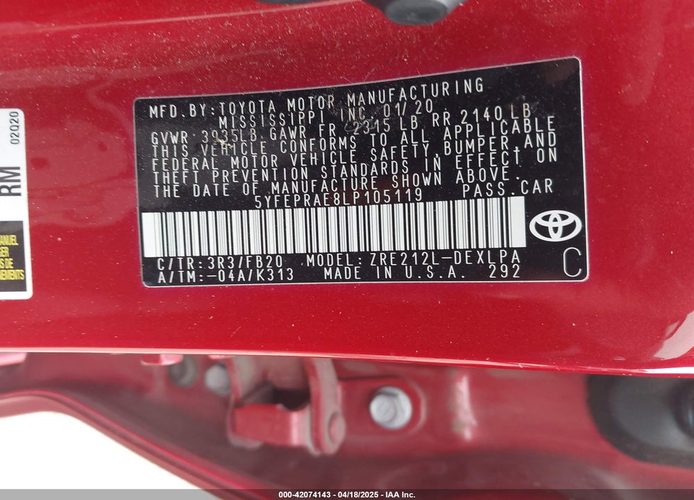 2020 TOYOTA COROLLA VIN: 5YFEPRAE8LP105119