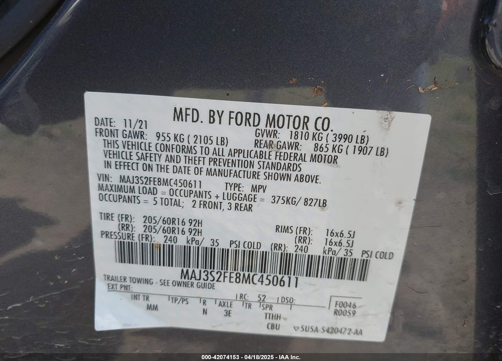 2021 FORD ECOSPORT VIN: MAJ3S2FE8MC450611