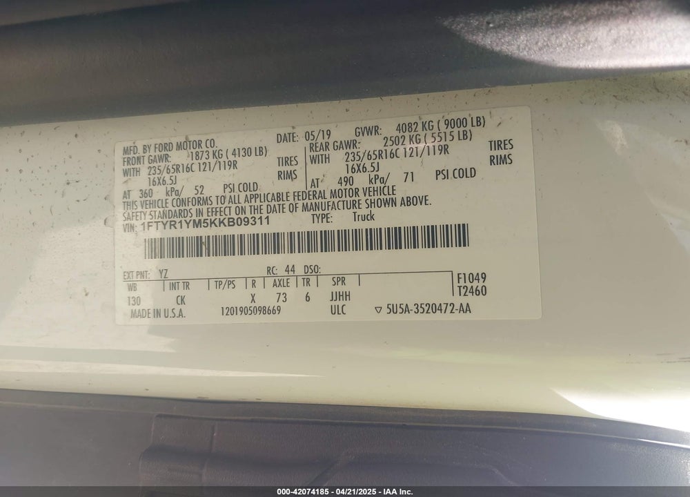 2019 FORD TRANSIT-250 VIN: 1FTYR1YM5KKB09311