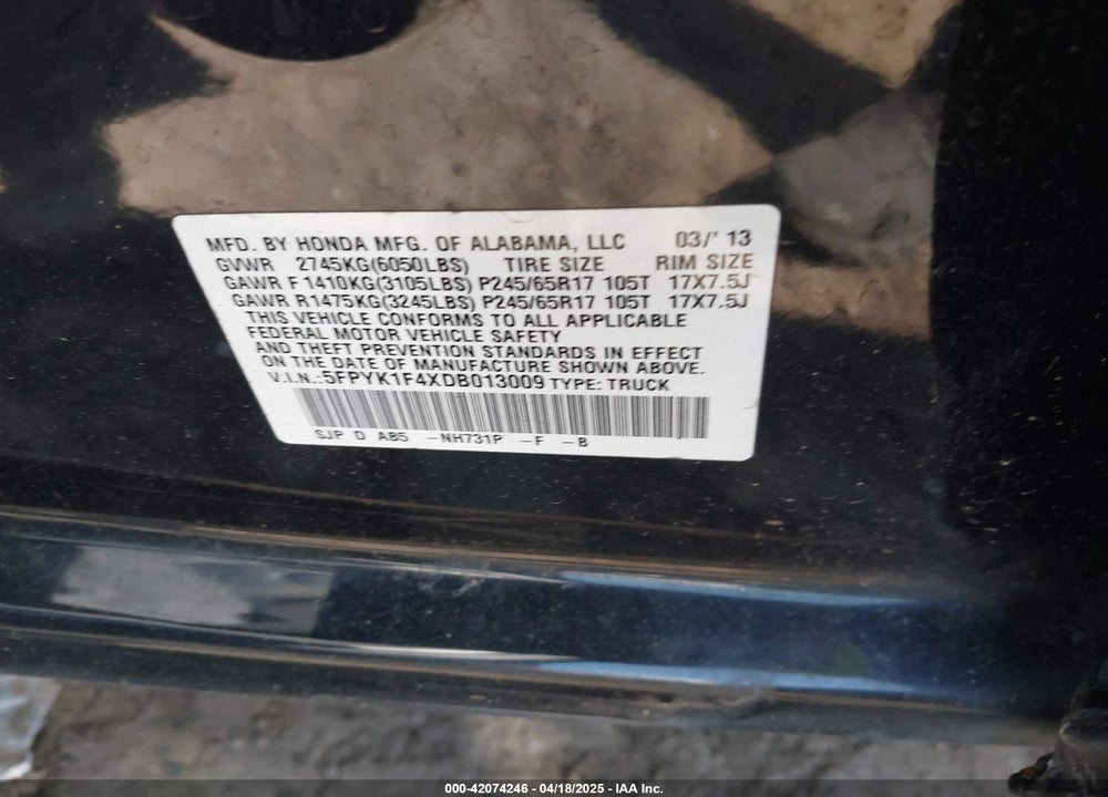 2013 HONDA RIDGELINE VIN: 5FPYK1F4XDB013009