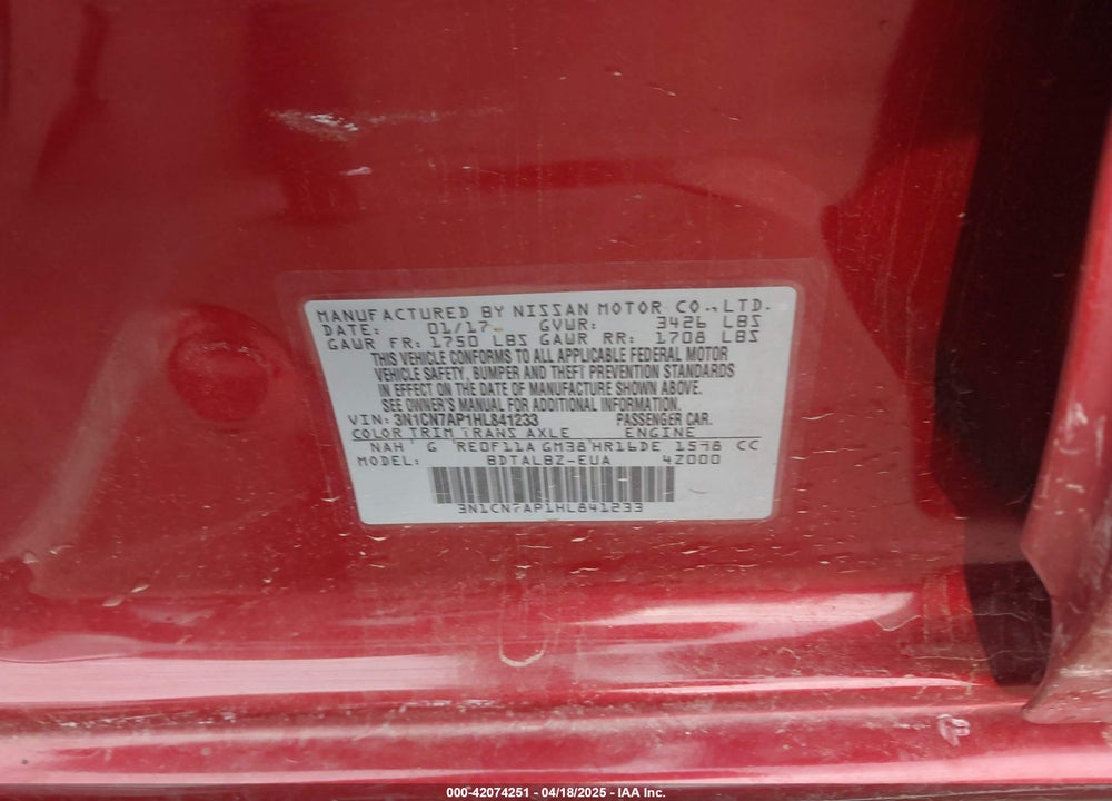 2017 NISSAN VERSA VIN: 3N1CN7AP1HL841233