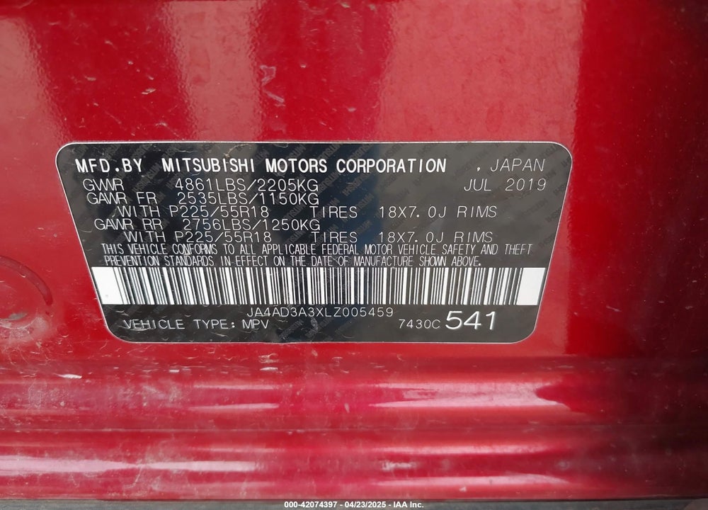 2020 MITSUBISHI OUTLANDER VIN: JA4AD3A3XLZ005459
