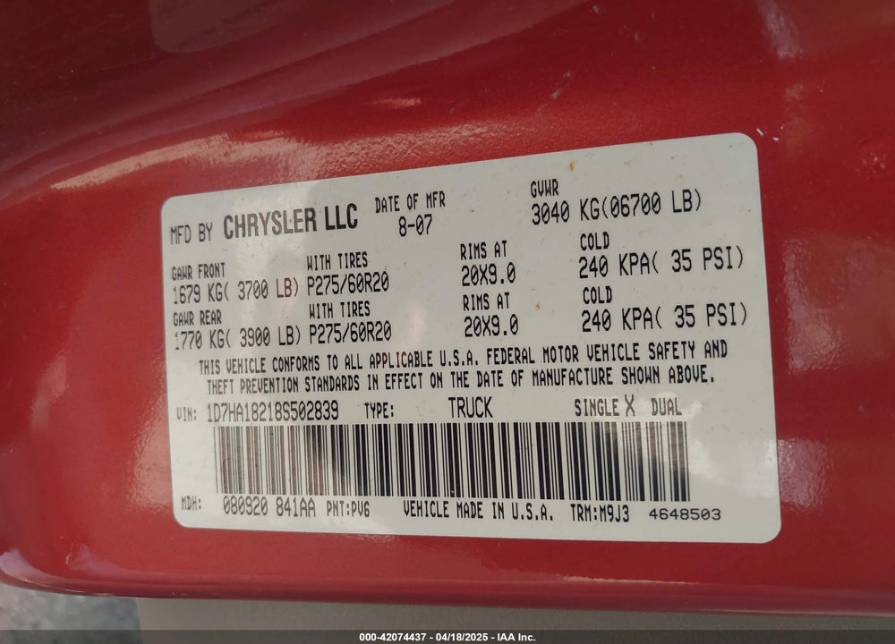 2008 DODGE RAM 1500 SLT VIN: 1D7HA18218S502839