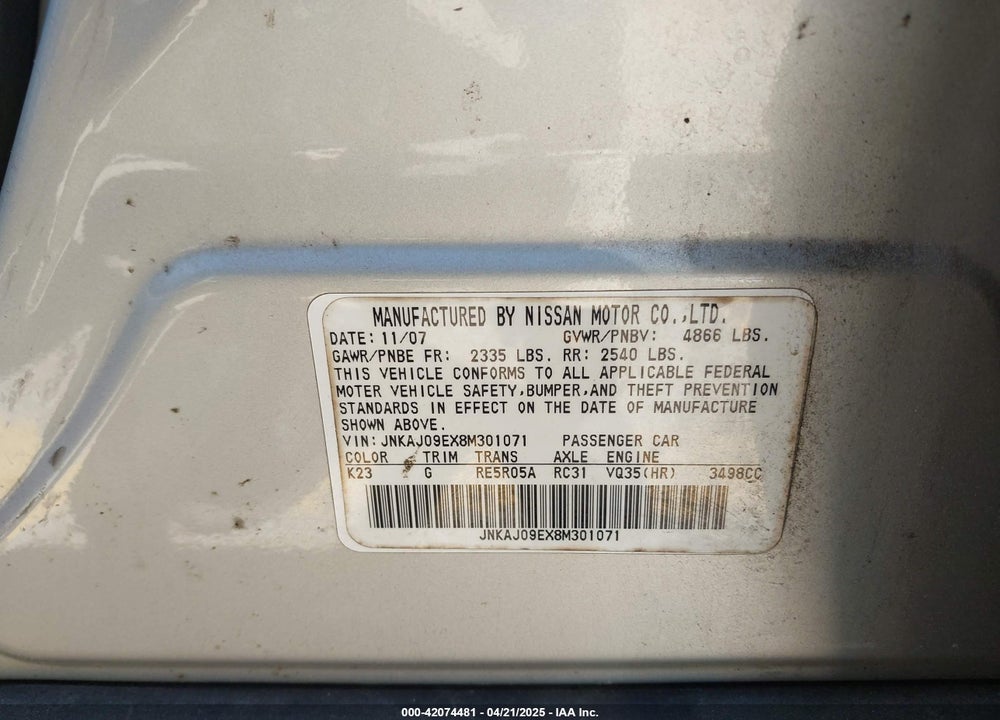 2008 INFINITI EX35 VIN: JNKAJ09EX8M301071
