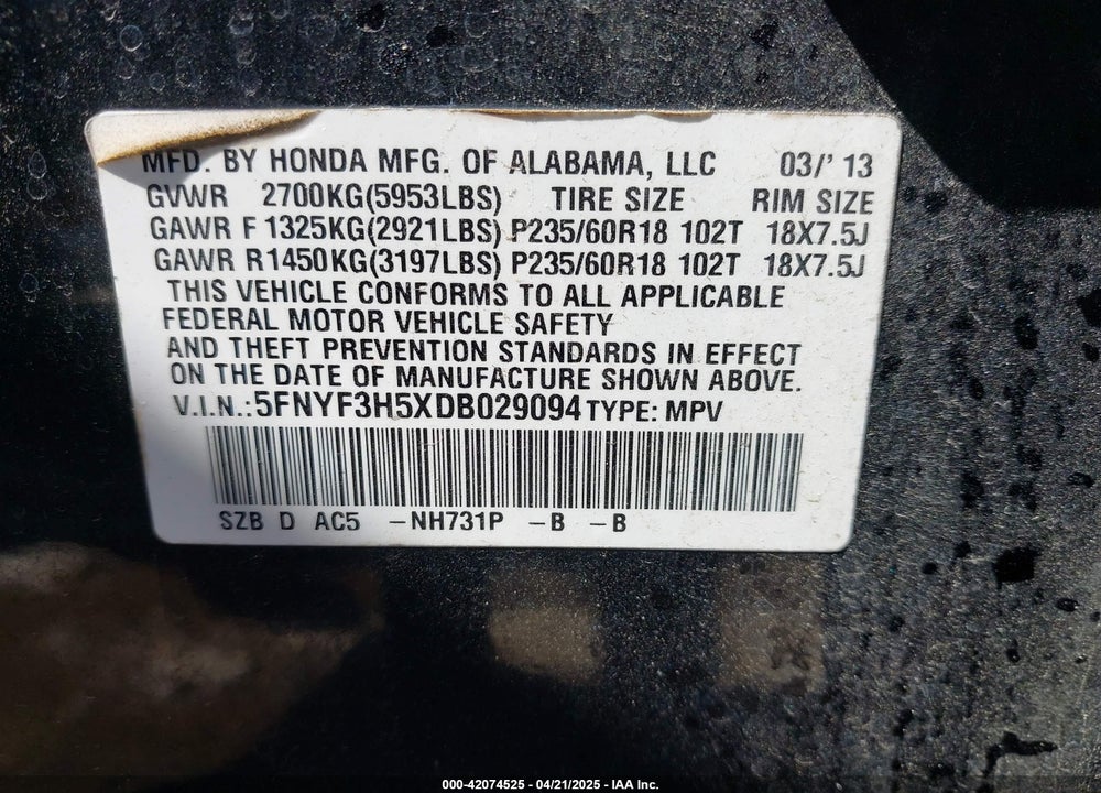 2013 HONDA PILOT VIN: 5FNYF3H5XDB029094