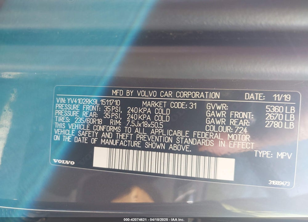 2020 VOLVO XC60 VIN: YV4102RK9L1511710
