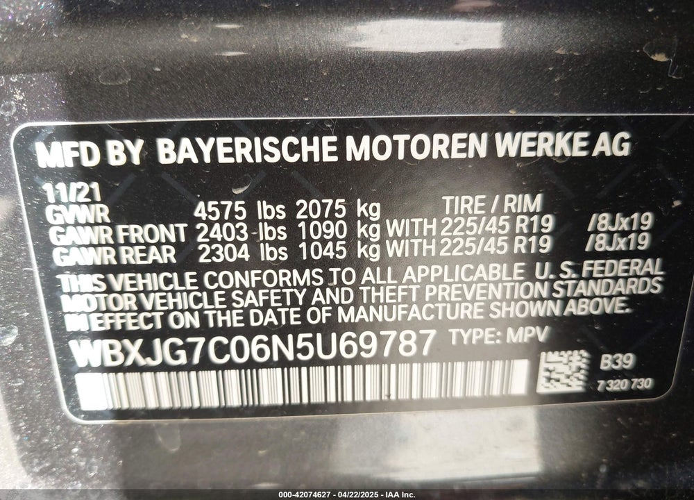 2022 BMW X1 VIN: WBXJG7C06N5U69787