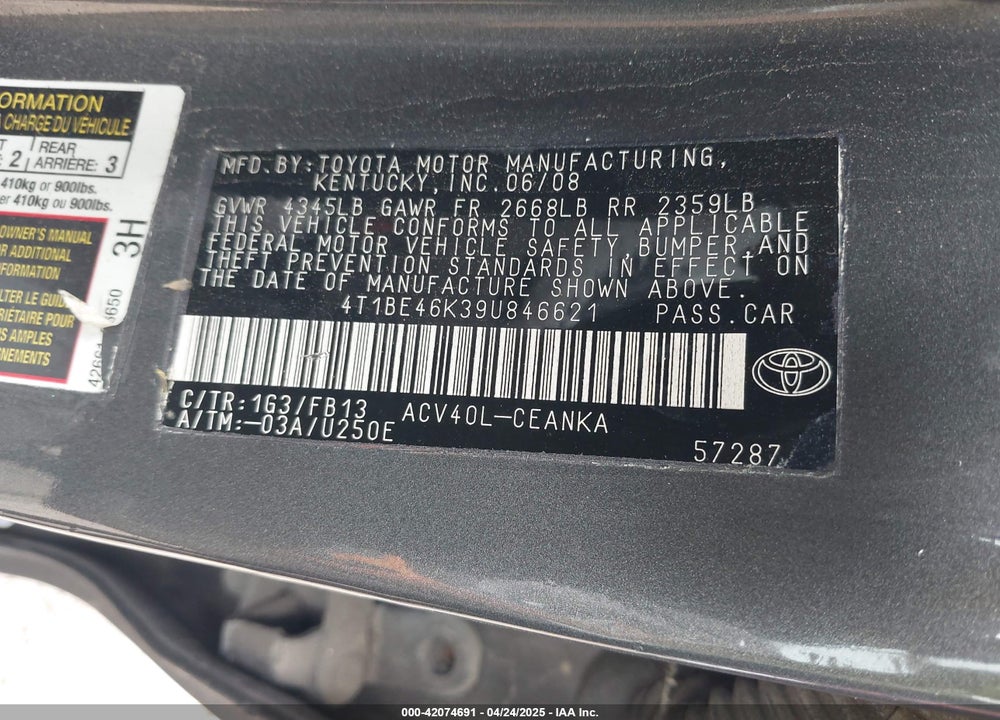2009 TOYOTA CAMRY VIN: 4T1BE46K39U846621