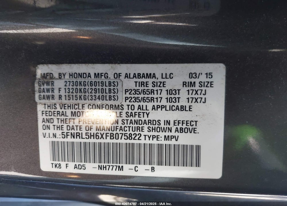 2015 HONDA ODYSSEY EX-L VIN: 5FNRL5H6XFB075822