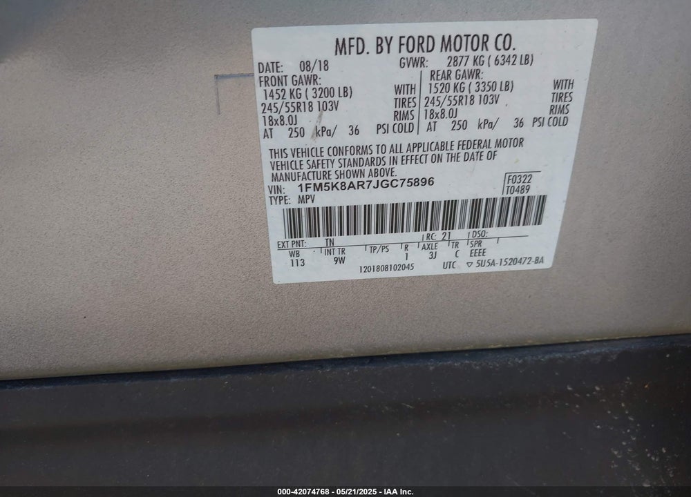 2018 FORD POLICE INTERCEPTOR SEDAN VIN: 1FM5K8AR7JGC75896