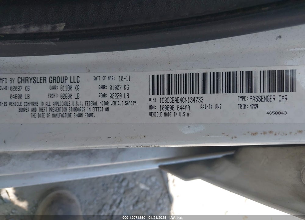 2012 CHRYSLER 200 VIN: 1C3CCBAB4CN134733