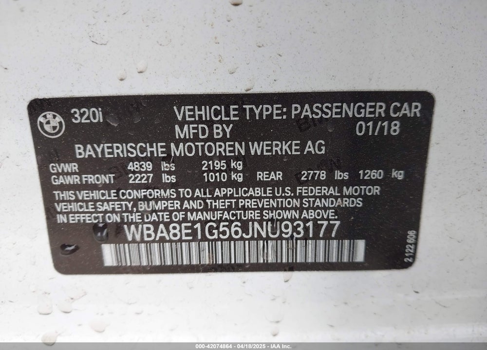 2018 BMW 3 SERIES VIN: WBA8E1G56JNU93177