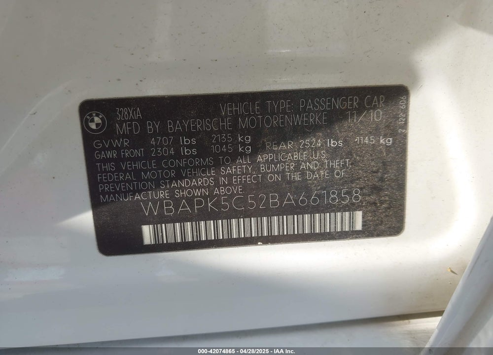 2011 BMW 328I VIN: WBAPK5C52BA661858