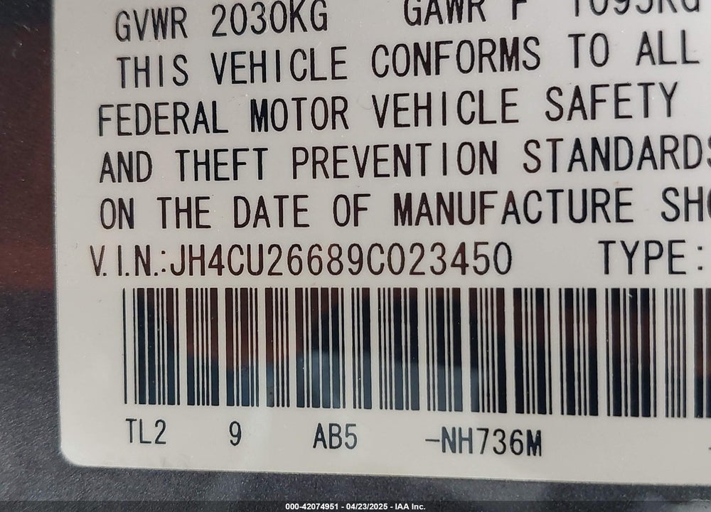 2009 ACURA TSX VIN: JH4CU26689C023450
