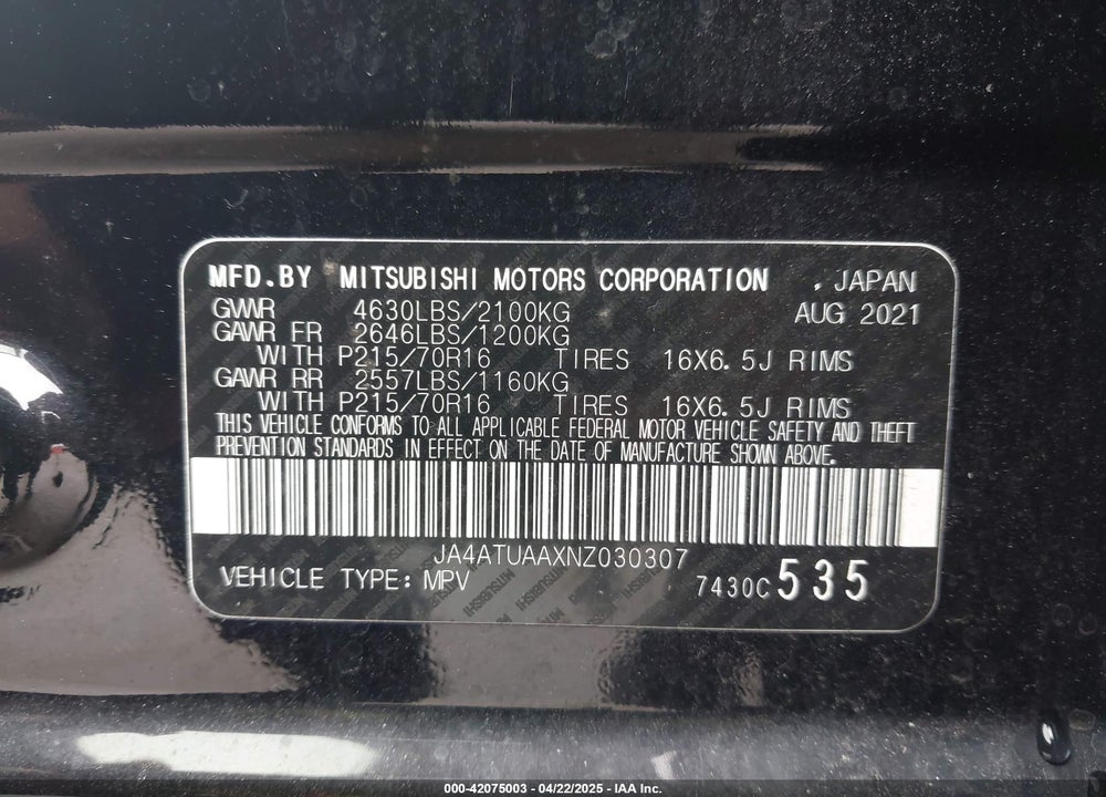 2022 MITSUBISHI ECLIPSE CROSS VIN: JA4ATUAAXNZ030307