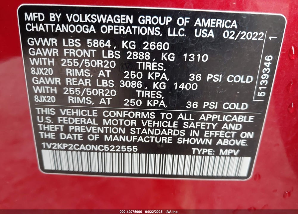 2022 VOLKSWAGEN ATLAS 2.0T SE W/TECHNOLOGY VIN: 1V2KP2CA0NC522555