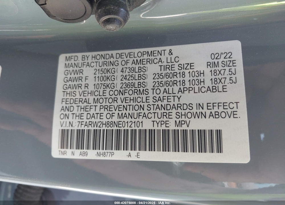 2022 HONDA CR-V VIN: 7FARW2H88NE012101