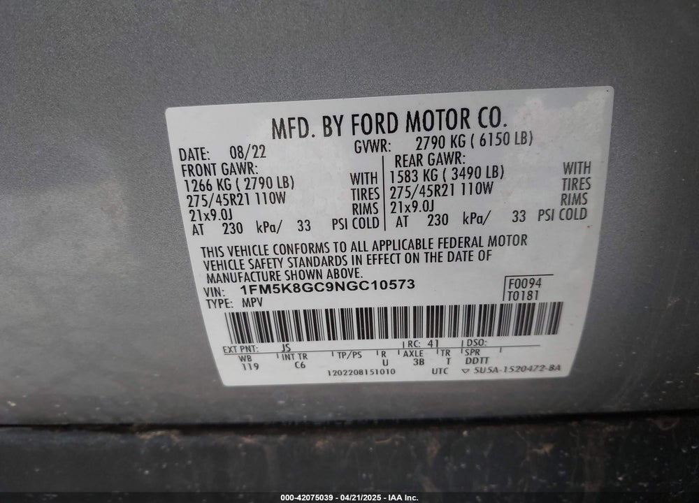 2022 FORD EXPLORER VIN: 1FM5K8GC9NGC10573